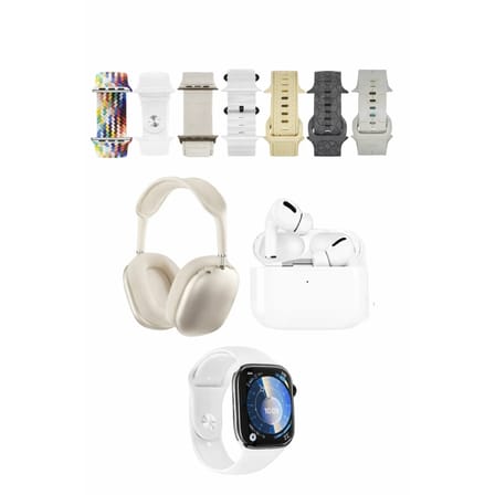 Mey İthalat®  K32 Kombo 7 Adet Kordon Akıllı Saat Airpods Kulaklık Kafa Üstü Kablosuz Kulaklık Set - Beyaz