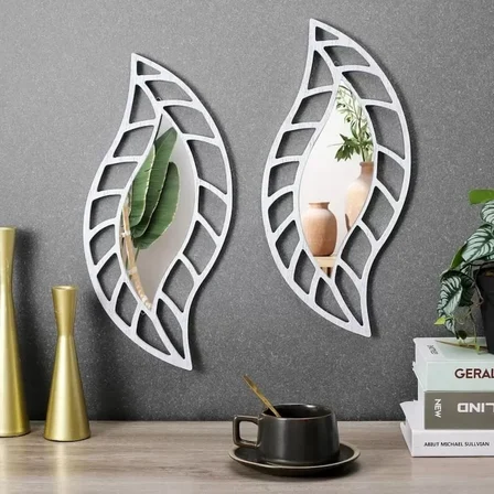 Mey İthalat® 2'li Set Kırılmaz Pleksi Dekoratif Duvar Aynası - 20x35 cm Yaprak Formlu 1. Sınıf Akrilik Ayna