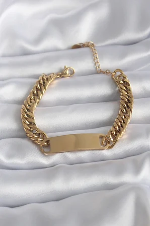 Mey İthalat® 316L Çelik Gold Renk İsim Yazılabilir Plaka Model Kadın Bileklik