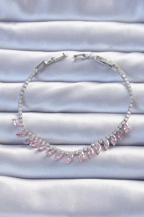 Mey İthalat® Pirinç Vip Seri Gümüş Renk Pembe Zirkon Taşlı Bileklik