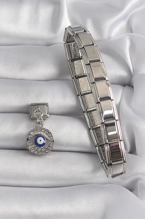 Mey İthalat® 316L Çelik Gümüş Renk Sallantı Zirkon Taşlı Göz Model Nazar Boncuk Detay Nomination Charm