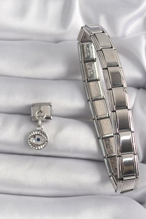 Mey İthalat® 316L Çelik Gümüş Renk Sallantı Zirkon Taşlı Göz Model Nomination Charm