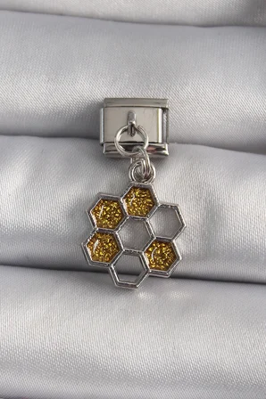 Mey İthalat® 316L Çelik Gümüş Renk Sallantı Simli Bal Beteği Model Nomination Charm