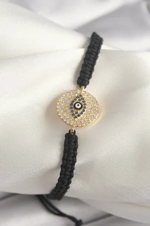 Mey İthalat® Pirinç Gold Renk Zirkon Taşlı Göz İşlemeli Figür Asansörlü Makrome Model Kadın Bileklik