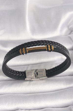 Mey İthalat® 316L Çelik Gold Renk ZikZak İşlemeli Aksesuarlı Çift Sıra Burgu Desenli Deri Kordon Erkek Bileklik