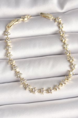 Mey İthalat® Pirinç Gold Renk Zirkon Taşlı Yıldız Model VIP Seri Kadın Bileklik
