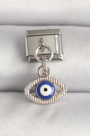 Mey İthalat® 316L Çelik Gümüş Renk Nazar Boncuk Detaylı Göz Model Nomination Charm