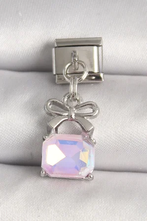 Mey İthalat® 316L Çelik Gümüş Renk Pembe Zirkon Taşlı Çanta Model Nomination Charm
