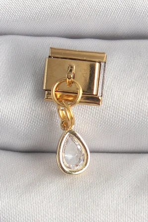 Mey İthalat® 316L Çelik Gold Renk Sallantı Damla Zirkon Taşlı Nomination Charm