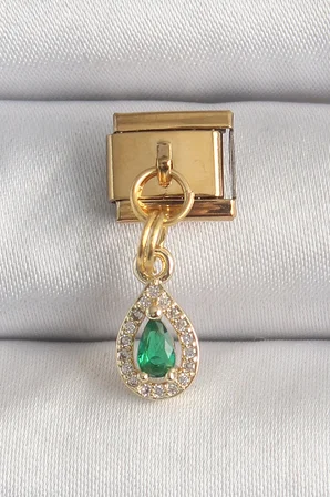 Mey İthalat® 316L Çelik Gold Renk Sallantı Damla Yeşil Zirkon Taşlı Nomination Charm