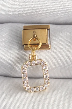 Mey İthalat® 316L Çelik Gold Renk Sallantı Kare Zirkon Taşlı Nomination Charm