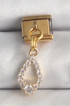 Mey İthalat® 316L Çelik Gold Renk Sallantı Zirkon Taşlı Damla Model Nomination Charm