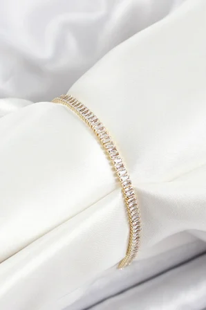 Mey İthalat® Pirinç Zirkon Taşlı İnce Su Yolu Model Gold Renk Kadın Bileklik
