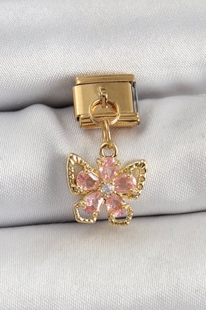 Mey İthalat® 316L Çelik Sallantılı Zirkon Taşlı Çiçek Figürlü Kelebek Model Gold Renk Nomination Charm