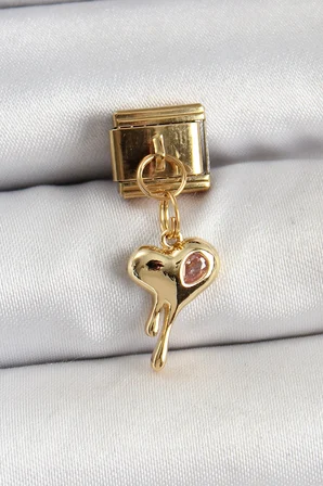 Mey İthalat® 316L Çelik Sallantılı Zirkon Taşlı Eriyen Kalp Model Gold Renk Nomination Charm