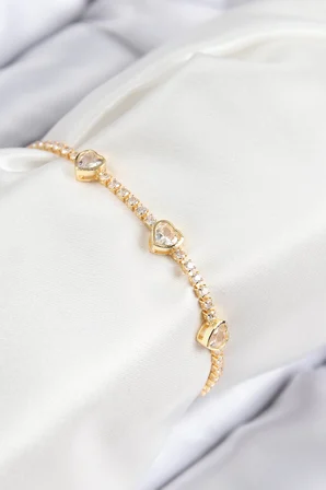 Mey İthalat® Pirinç Zirkon Taşlı Sıralı Kalp Model Gold Renk Kadın Bileklik