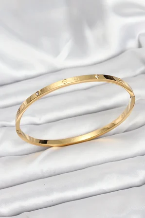 Mey İthalat® 316L Çelik Gold Renk Zirkon Taşlı 65 mm İnce Kadın Kelepçe Bileklik
