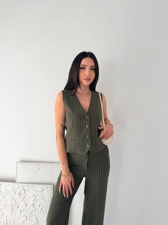 Kadın Çizgili Tansel Kumaş Yelek Pantolon İkili Takım Ofis Şık Modern - Haki