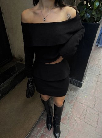 Kadın Straplez , Madonna , Carmen Yaka Croplu Mini Etekli ikili Alt-Üst Takım Triko - Siyah