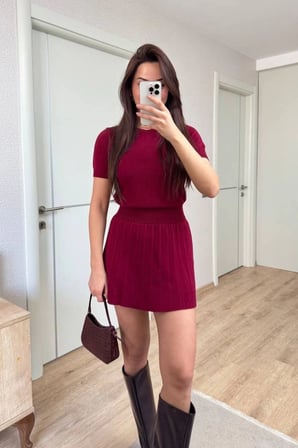 Kadın Kısa Kollu Bluz Mini Etekli ikili Takım Triko - Bordo