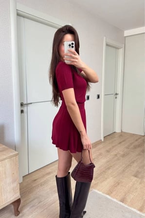 Kadın Kısa Kollu Bluz Mini Etekli ikili Takım Triko - Bordo