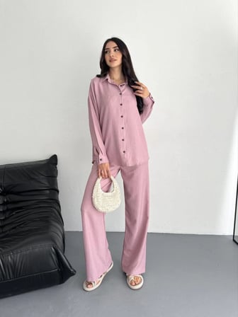 Kadın Gömlek Pantolon ikili Alt-Üst Takım - Toz Pembe