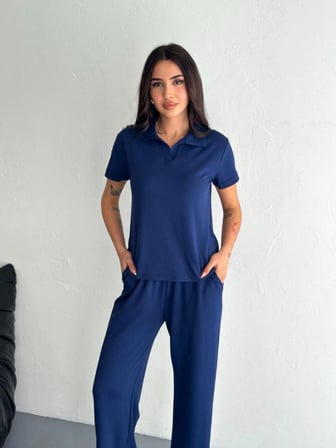 Kadın Osy Modal Yumuşak Dokulu Kısa Kollu Yakalı Pantolon ikili Takım - Lacivert