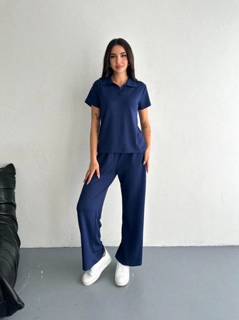 Kadın Osy Modal Yumuşak Dokulu Kısa Kollu Yakalı Pantolon ikili Takım - Lacivert
