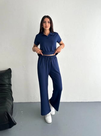 Kadın Osy Modal Yumuşak Dokulu Kısa Kollu Yakalı Pantolon ikili Takım - Lacivert