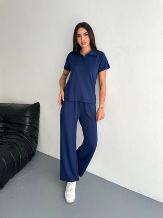 Kadın Osy Modal Yumuşak Dokulu Kısa Kollu Yakalı Pantolon ikili Takım - Lacivert