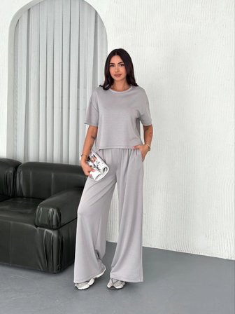 Kadın Osy Modal Yumuşak Kumaş Bisiklet Yaka T-shirt Bol paça Pantolon ikili Takım - Boyalı Gri