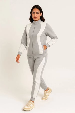 Kadın Premium Parçalı Eşofman Alt-Üst Takım - Dik Yaka Fermuarlı Sweatshirt - Gri