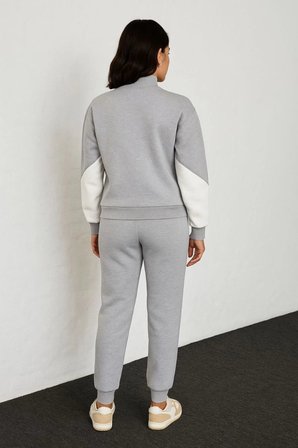 Kadın Premium Parçalı Eşofman Alt-Üst Takım - Dik Yaka Fermuarlı Sweatshirt - Gri