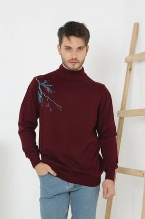Erkek Yarım Bağazlı Kazak Baskılı Dokuma Triko - Bordo
