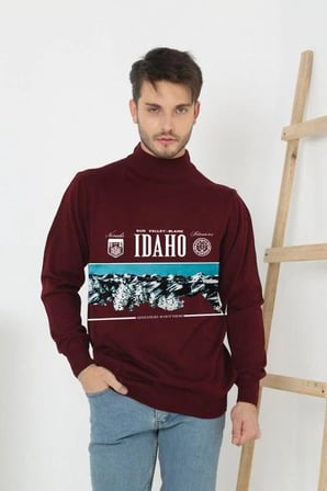 Erkek Yarım Bağazlı Kazak Baskılı Dokuma Triko - Bordo