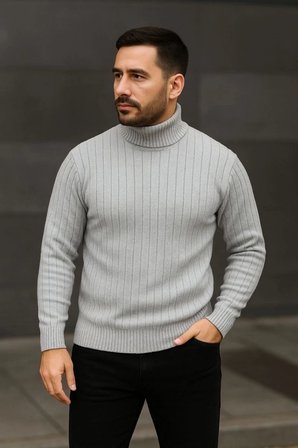 Erkek Tam Boğazlı Balıkçı Yaka Triko Kazak Kalın Fitilli -  Gri