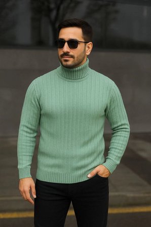 Erkek Tam Boğazlı Balıkçı Yaka Triko Kazak Kalın Fitilli - Mint Yeşili