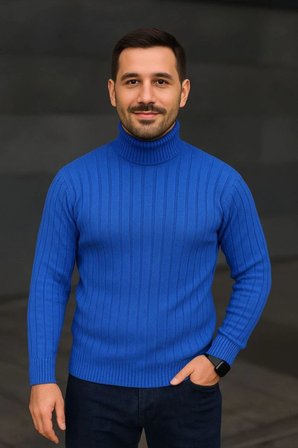 Erkek Tam Boğazlı Balıkçı Yaka Triko Kazak Kalın Fitilli - Saks Mavisi
