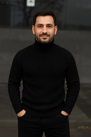 Erkek Tam Boğazlı Balıkçı Yaka Triko Kazak Kalın Fitilli - Siyah