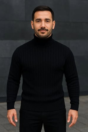 Erkek Tam Boğazlı Balıkçı Yaka Triko Kazak Kalın Fitilli - Siyah