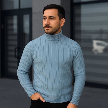 Erkek Tam Boğazlı Balıkçı Yaka Triko Kazak Kalın Fitilli - Bebek Mavisi