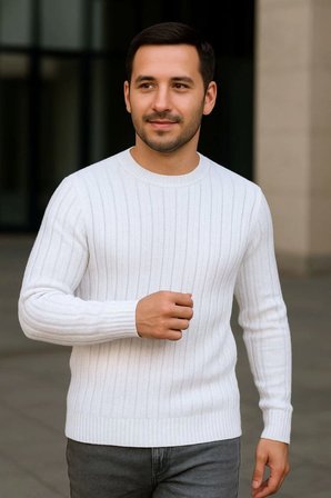 Erkek Bisiklet Yaka Triko Kazak Pamuklu Kalın Fitilli Dokuma Regular Fit - Beyaz