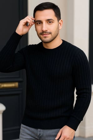 Erkek Fitilli Triko Bisiklet Yaka Kalın Kazak 3'lü Set Beyaz-Gri-Siyah