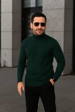Erkek Fitilli Kazak Tam Boğazlı Balıkçı Yaka Triko 3'lü Set  Gri-Haki-Siyah