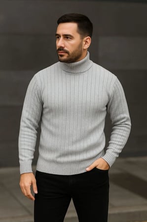 Erkek Fitilli Kazak Tam Boğazlı Balıkçı Yaka Triko 3'lü Set  Gri-Haki-Siyah