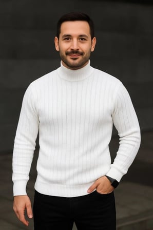 Erkek Fitilli Kazak Tam Boğazlı Balıkçı Yaka Triko 3'lü Set Beyaz-Gri-Siyah