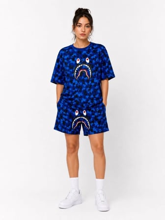 Kadın Oversize Kalıp Pubg Bape X Shark Nakışlı Cepli Şort Takım - Mavi