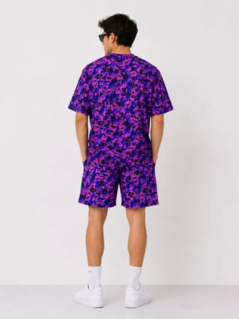 Erkek Oversize Kalıp Pubg Bape X Shark Nakışlı Cepli Şort Takım - Mor