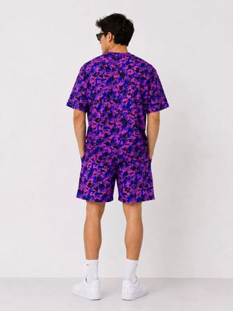 Erkek Oversize Kalıp Pubg Bape X Shark Nakışlı Cepli Şort Takım - Mor