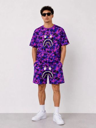 Erkek Oversize Kalıp Pubg Bape X Shark Nakışlı Cepli Şort Takım - Mor